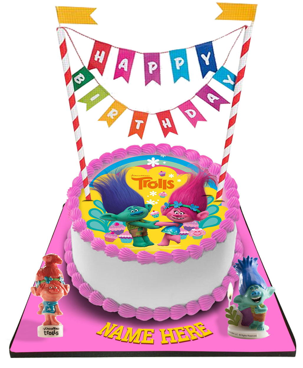 Trolls Cake with Happy Birthday Bunting &Topper