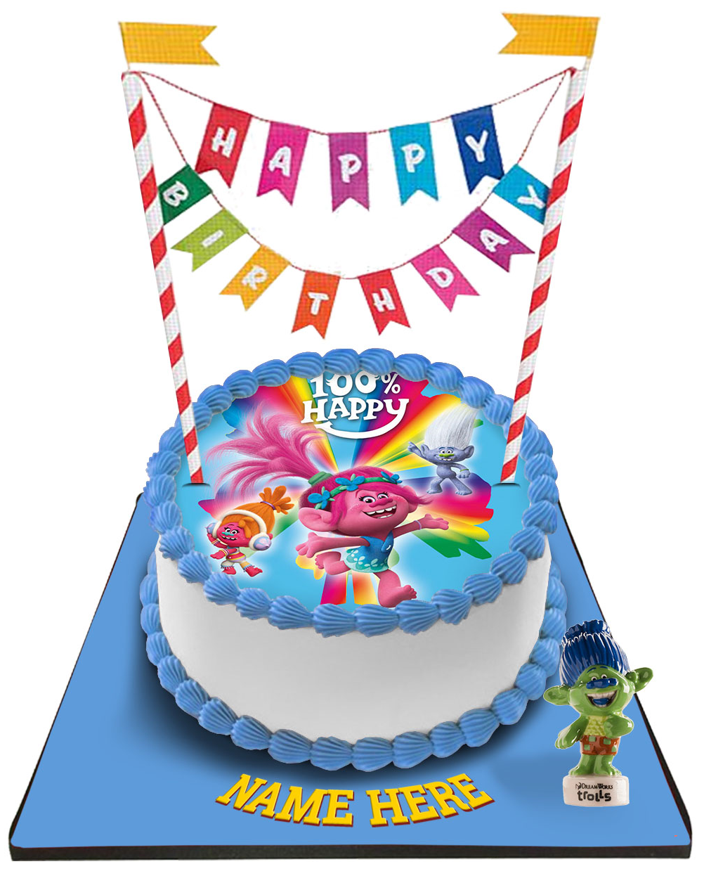 Trolls Cake with Happy Birthday Bunting &Topper