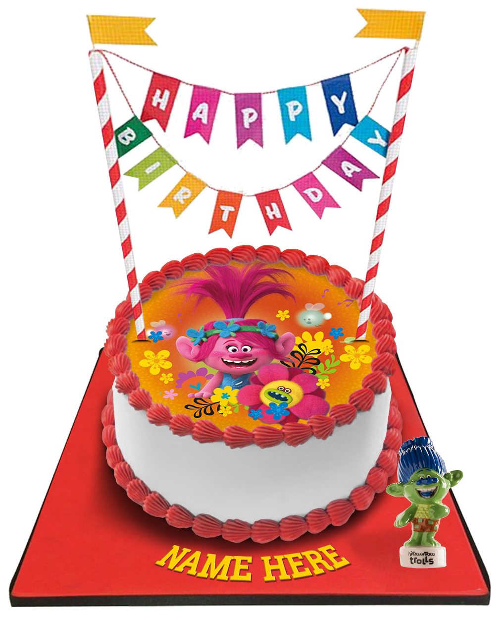 Trolls Cake with Happy Birthday Bunting & Topper