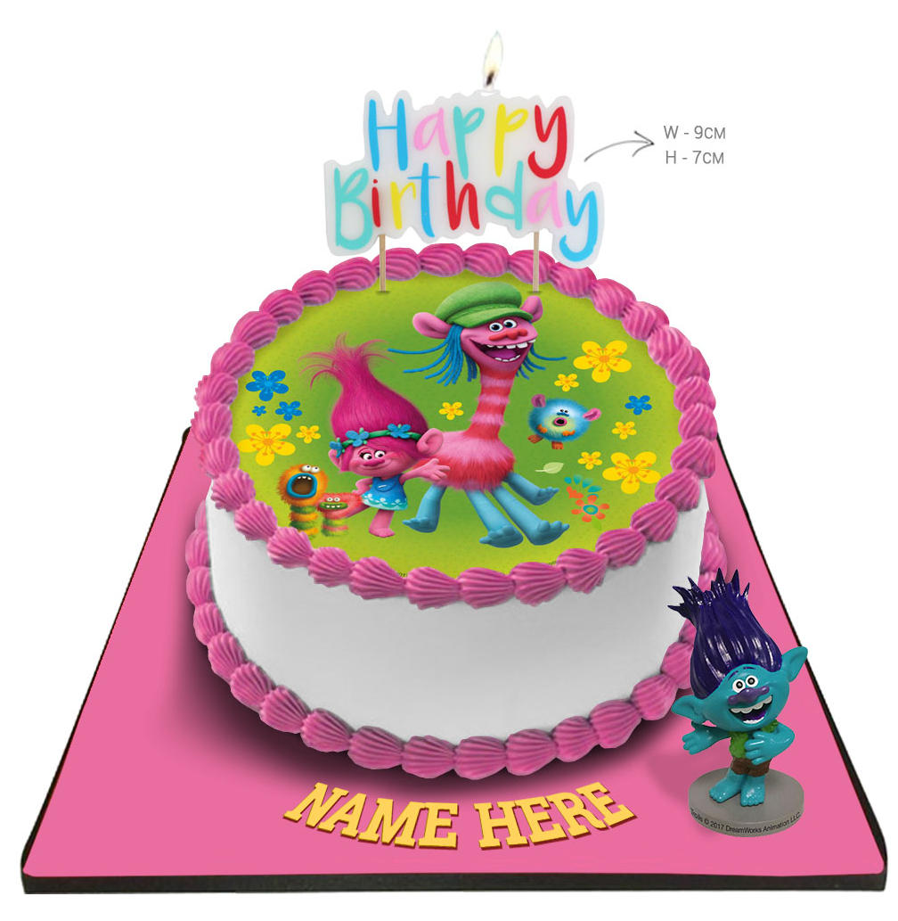 Trolls Cake with Happy Birthday Candle & Topper