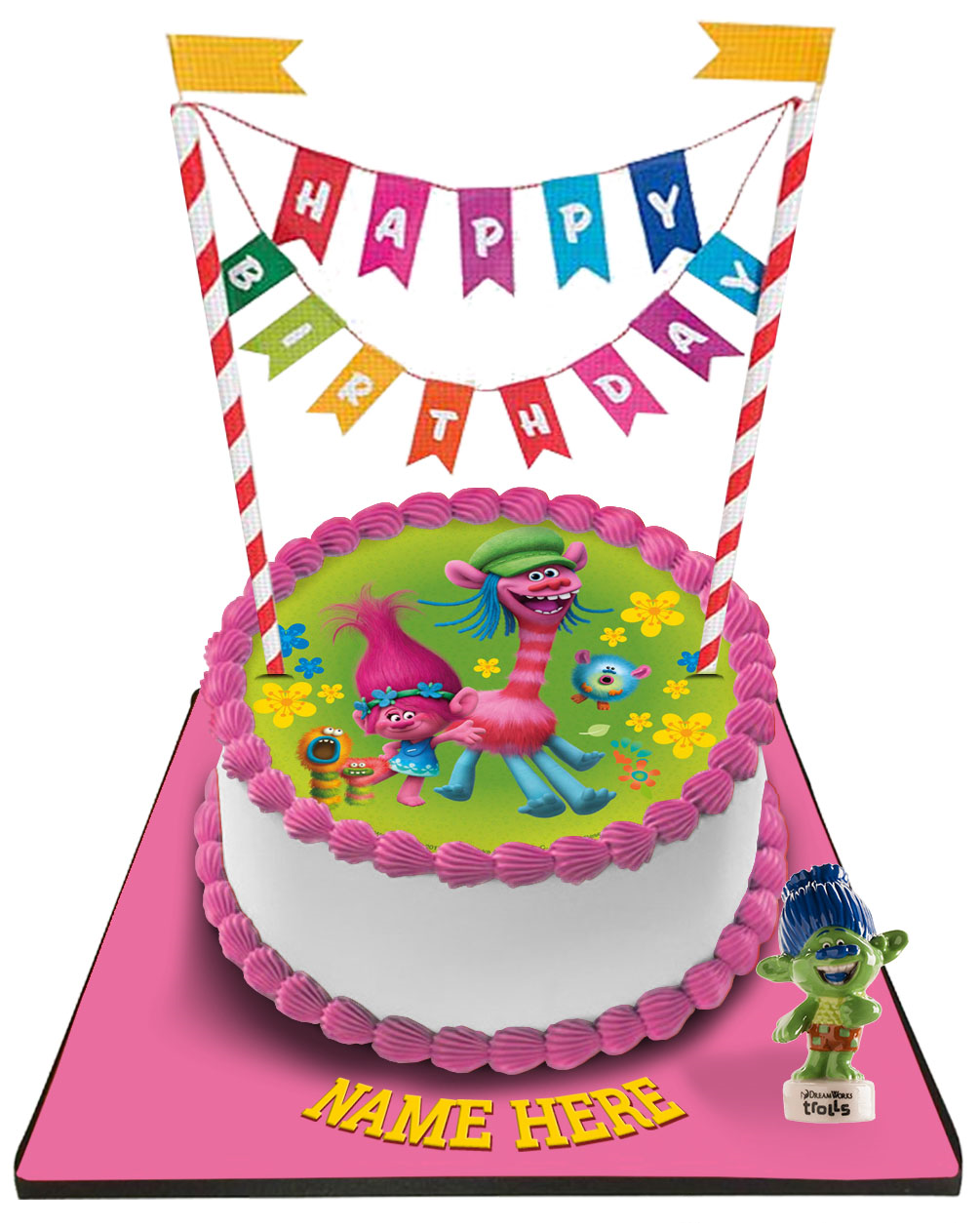 Trolls Cake with Happy Birthday Bunting & Topper