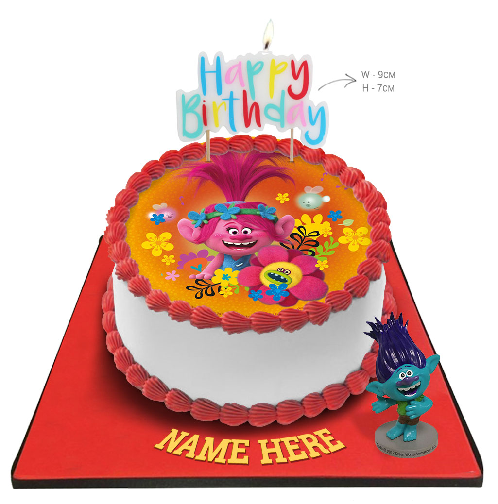 Trolls Cake with Happy Birthday Candle & Topper